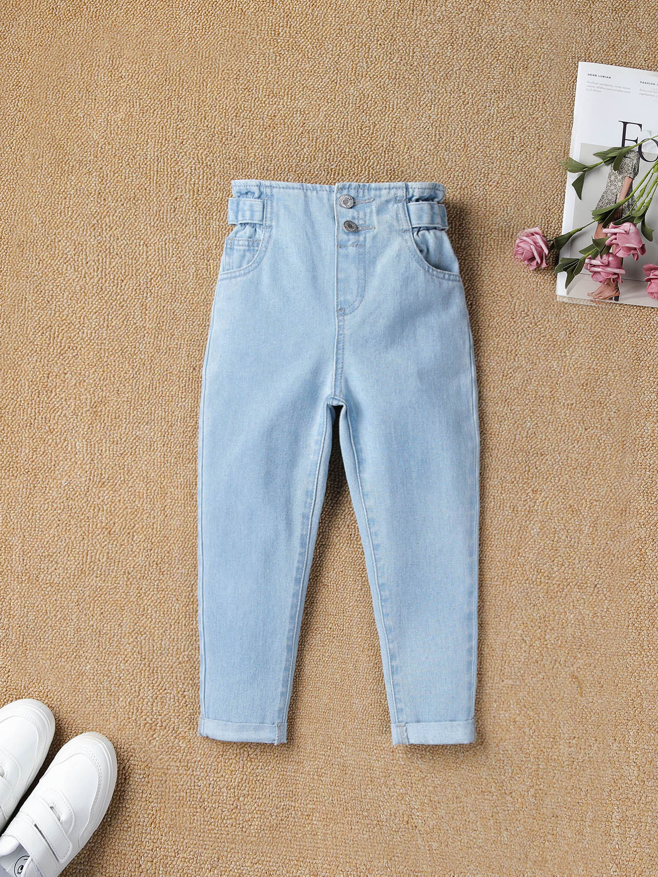 Young Girl All-Match Floral Waist Denim Jeans For School And Fashion