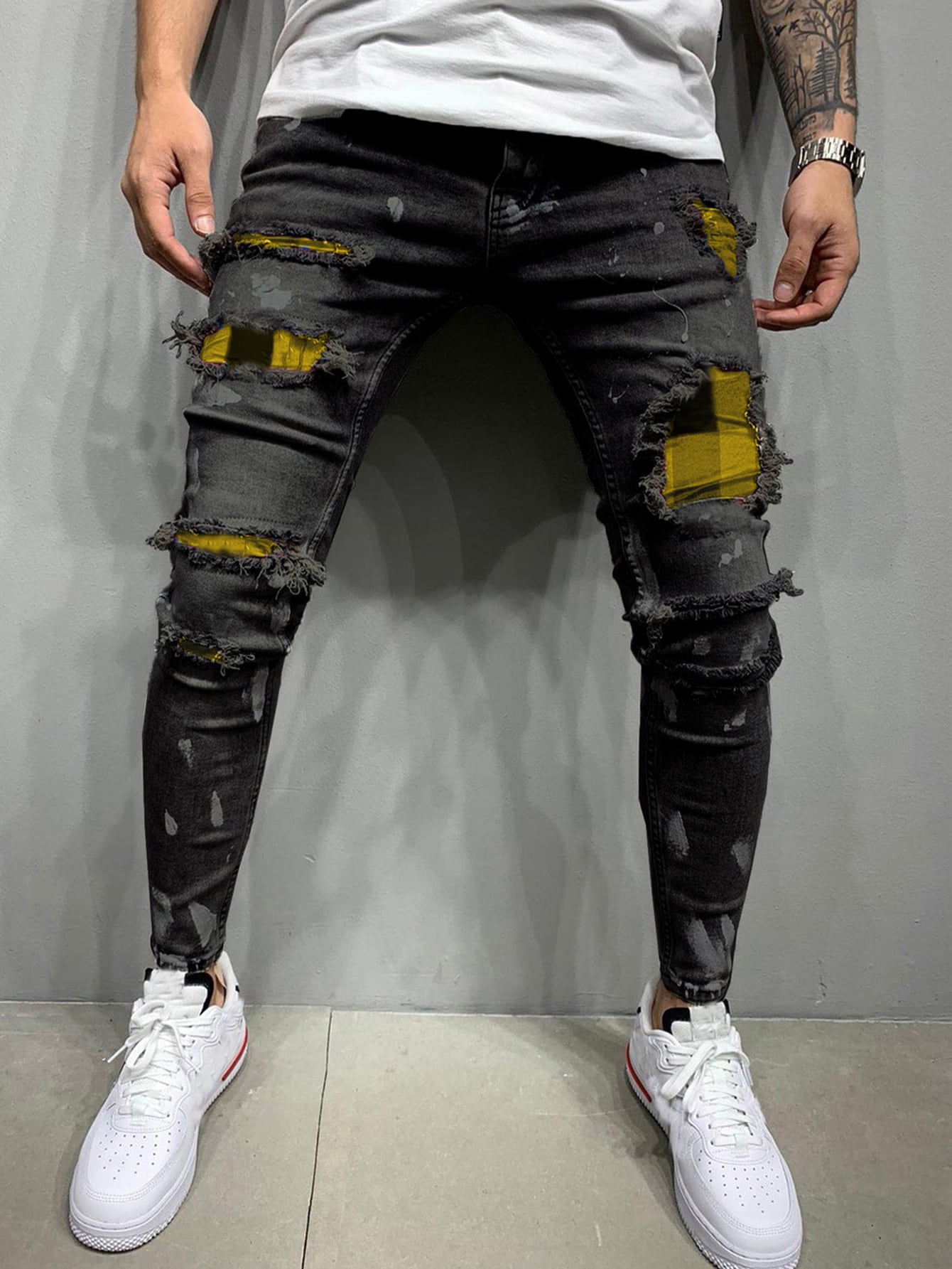 Punk Men Cotton Plaid Spliced Ripped Jeans