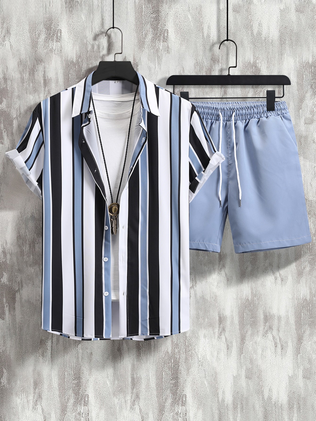 Men Striped Shirt & Drawstring Waist Shorts Without Tee