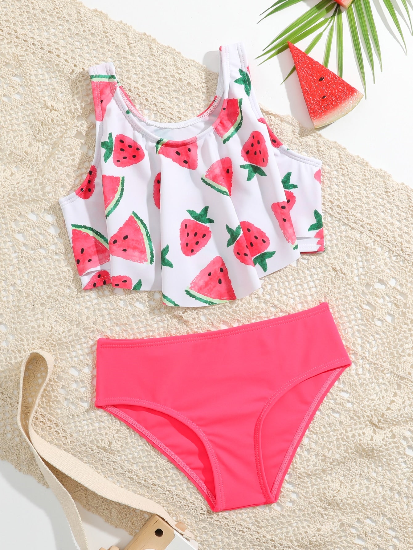 Young Girl Cute Watermelon & Strawberry Print Ruffled Neckline Bikini Set Summer Beach