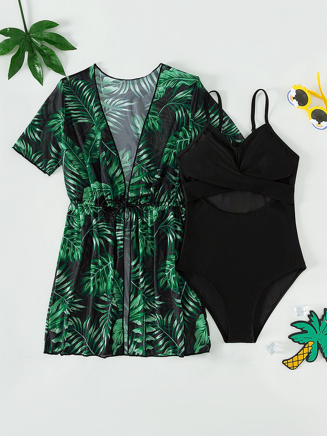 Teen Girls Cut Out One Piece Swimsuit With Tropical Print Kimono