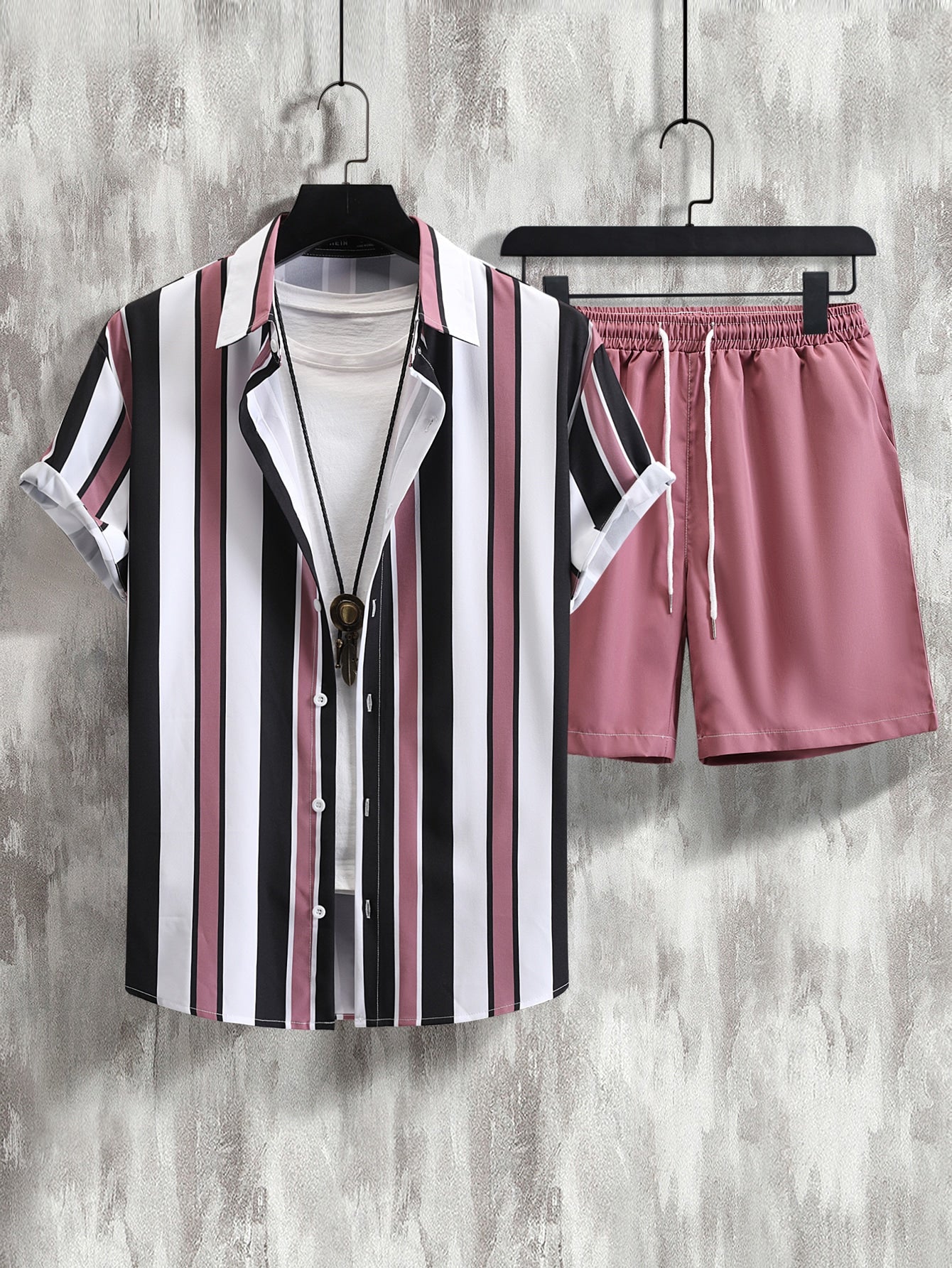 Men Striped Shirt & Drawstring Waist Shorts Without Tee