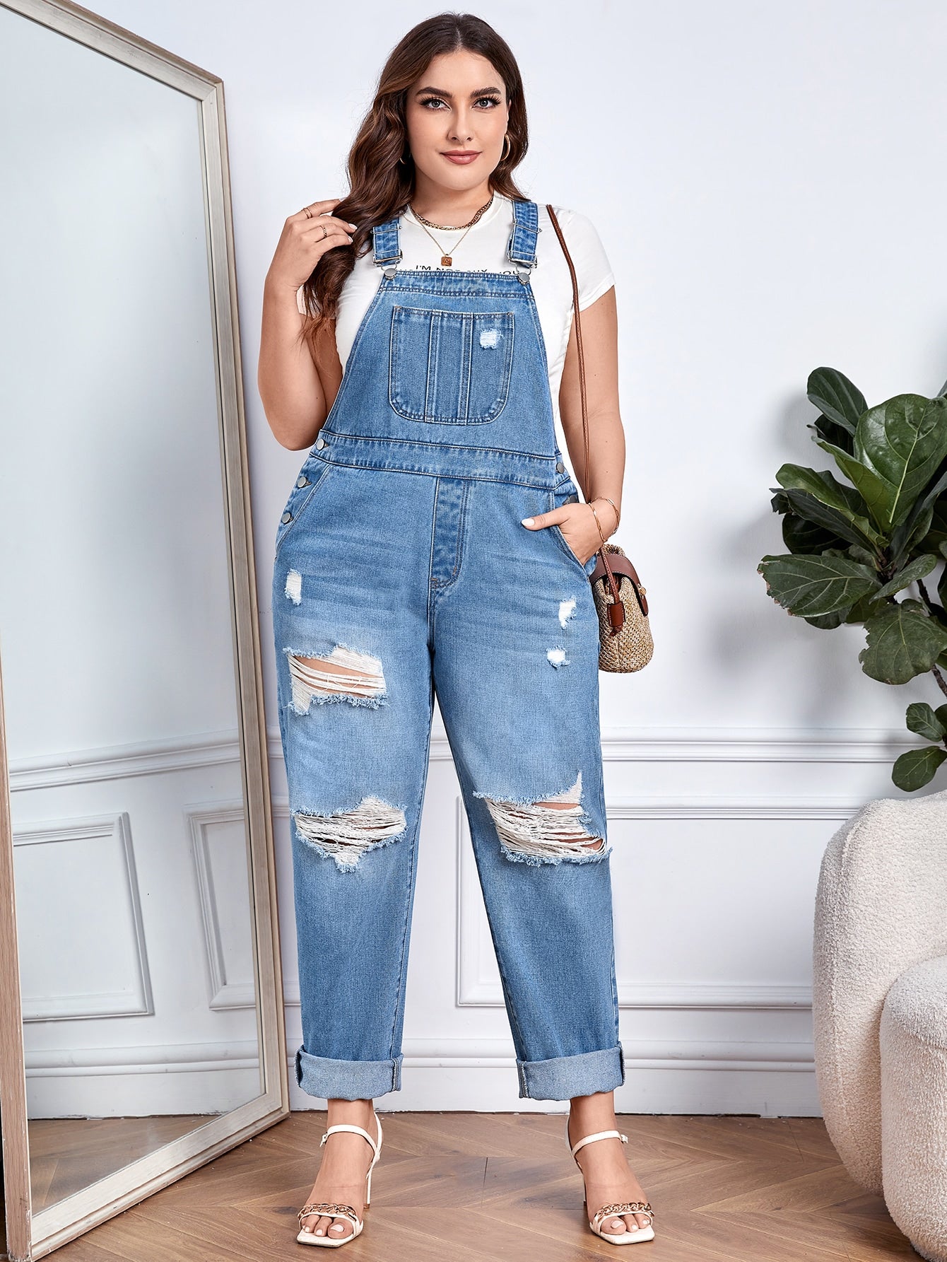 Plus Ripped Slant Pocket Denim Overalls Without Top