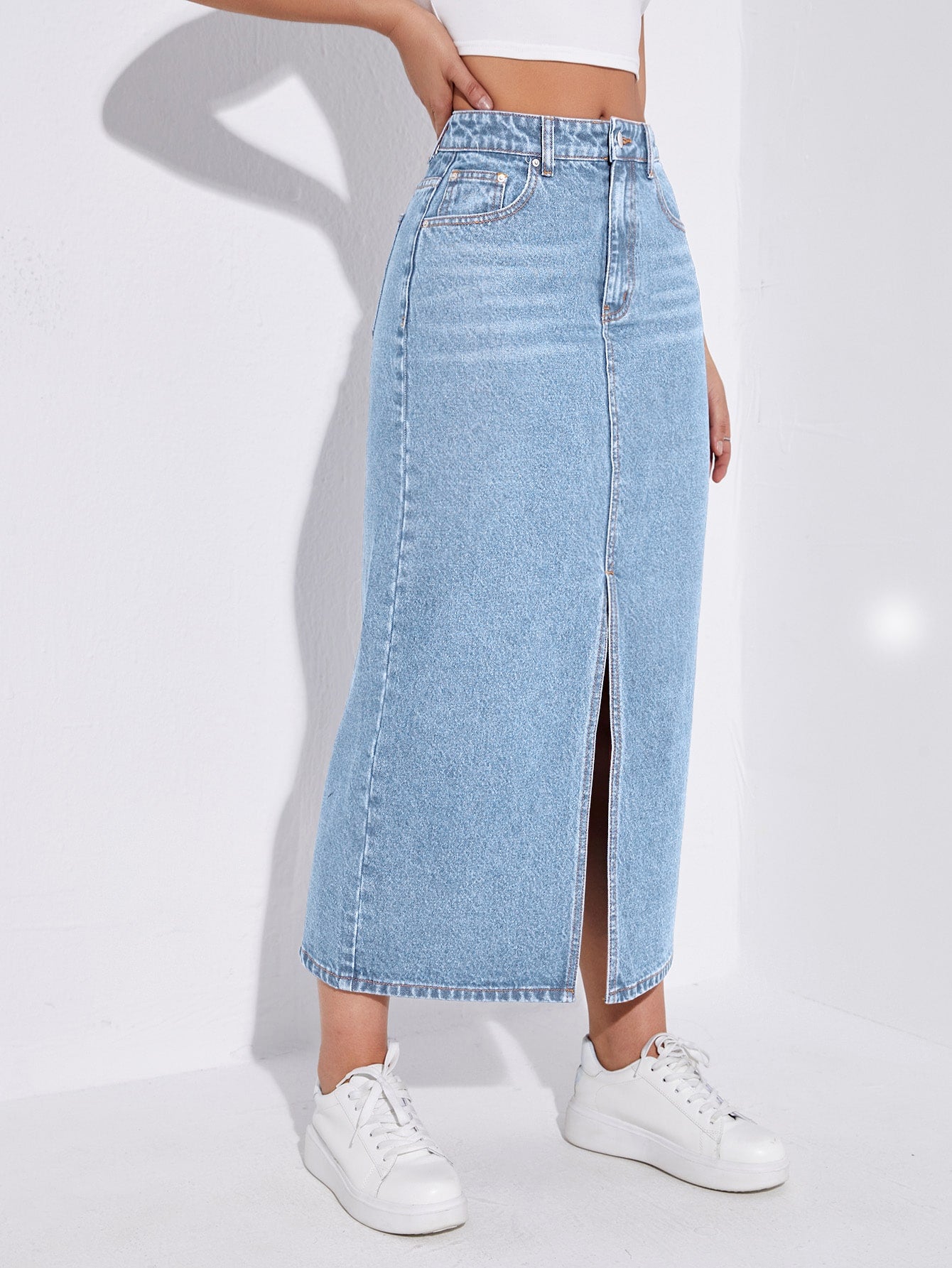 High Waist Slit Denim Skirt