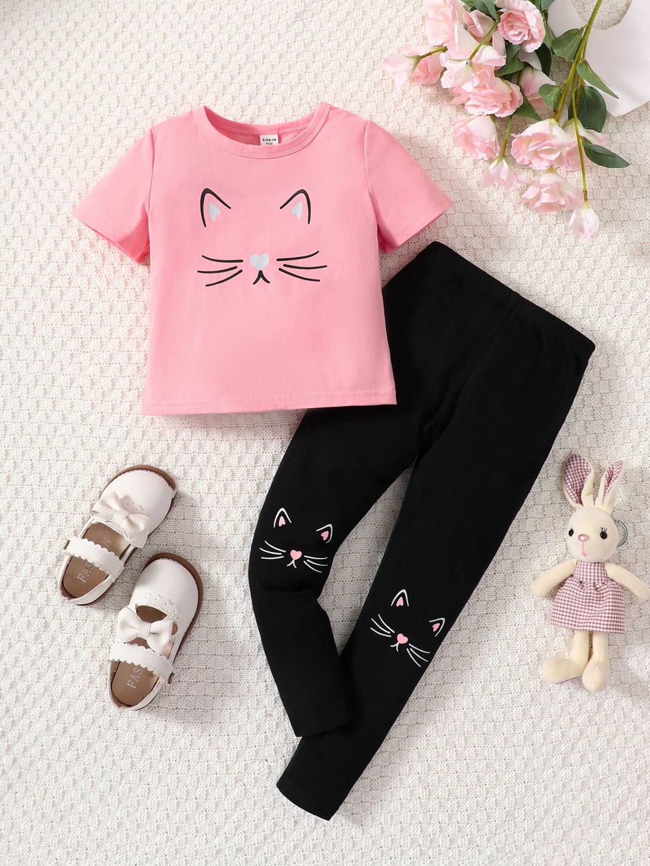 2pcs/Set Girls' Cat Print Crew Neck Short Sleeve Cotton T-Shirt And Black Cat Print Casual Pants, Comfortable & Fashionable Spring Summer Outfit