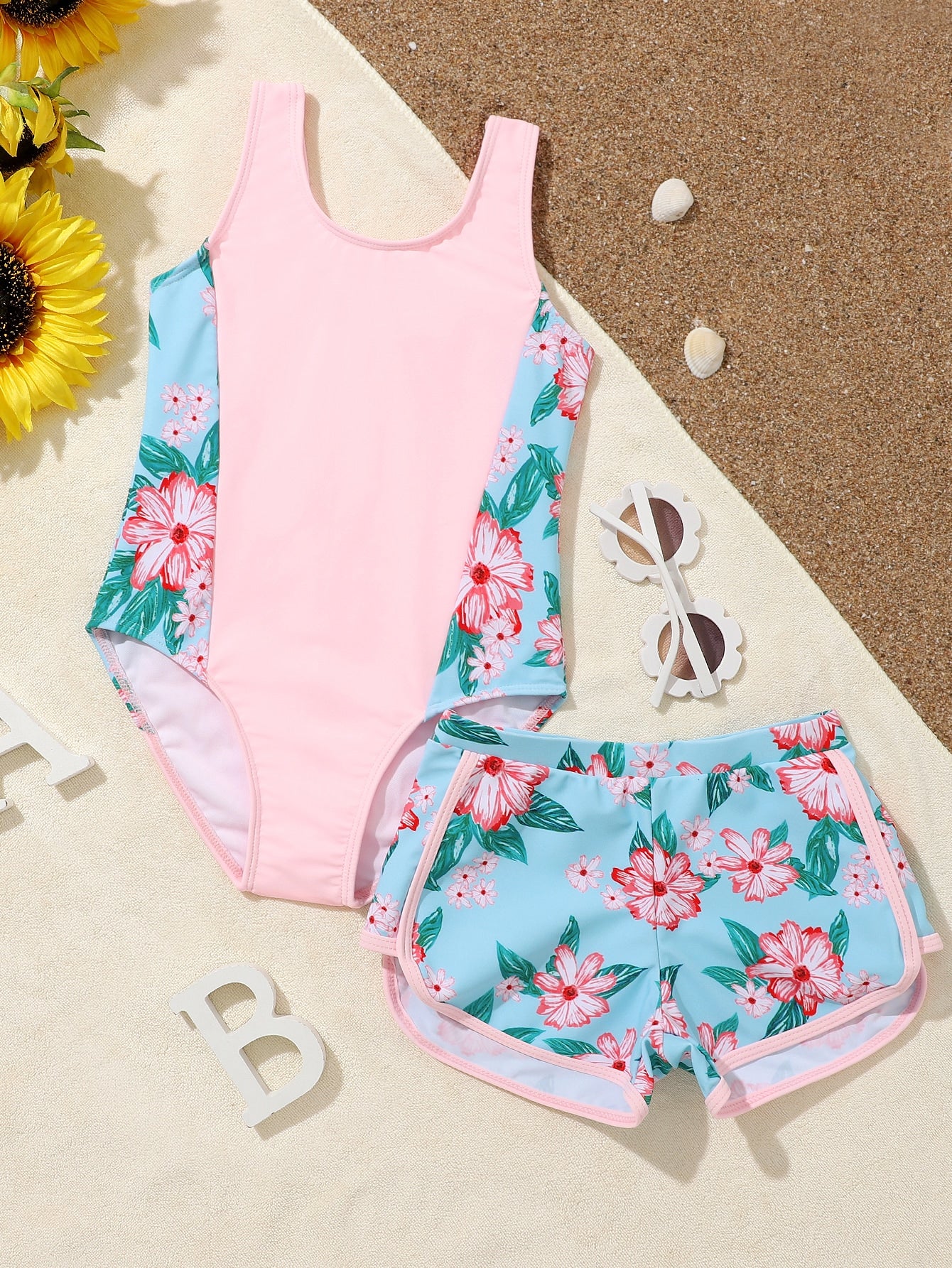 Young Girls' Donut Printed Patchwork One-Piece Swimsuit/Random Print/With Swimming Trunks