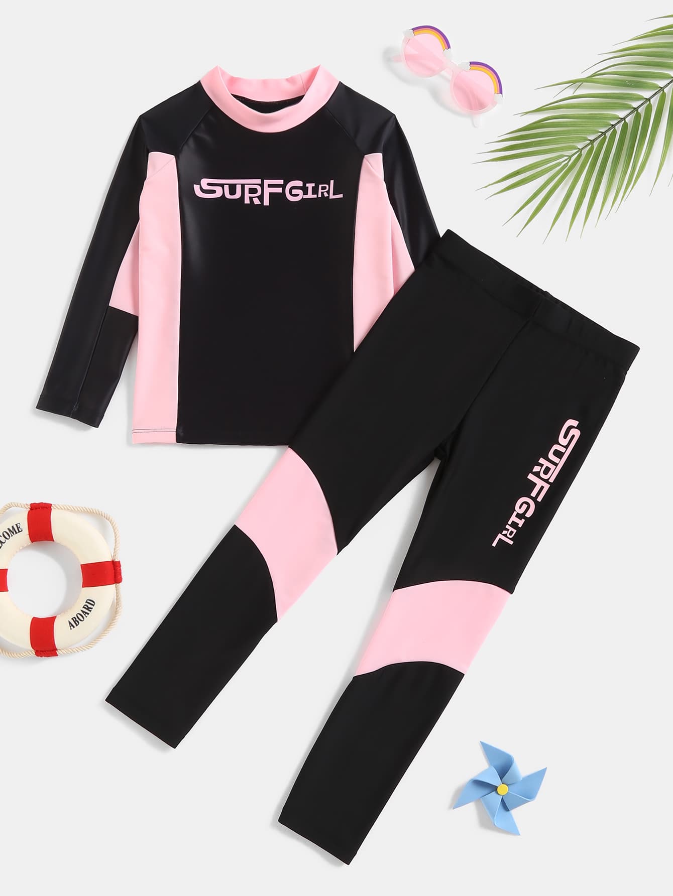 Young Girl Vacation Letter Surfing Swimsuit Set With Long Sleeves, Pants And Sun Protection For Spring And Summer