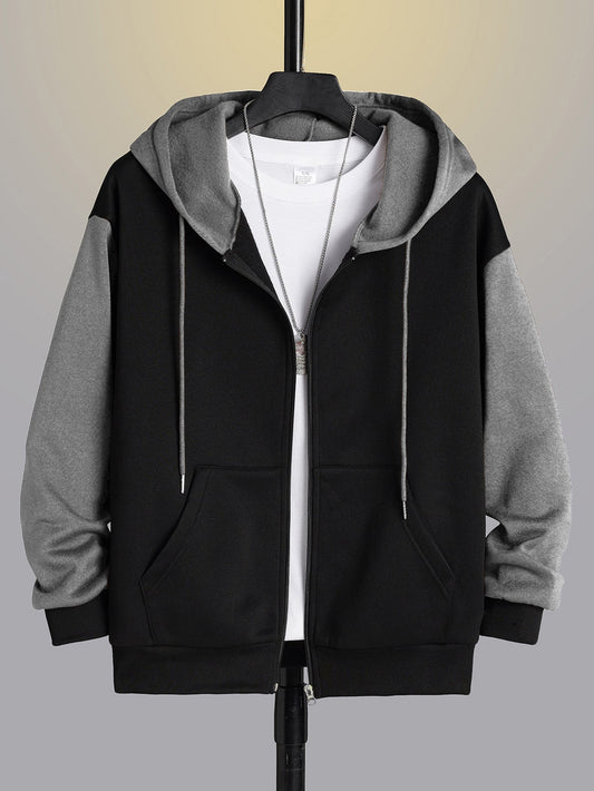 Men Colorblock Zip Up Thermal Lined Drawstring Hoodie Without Tee