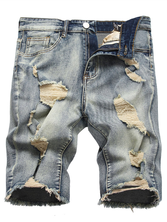 Men Cotton Ripped Frayed Hem Denim Shorts