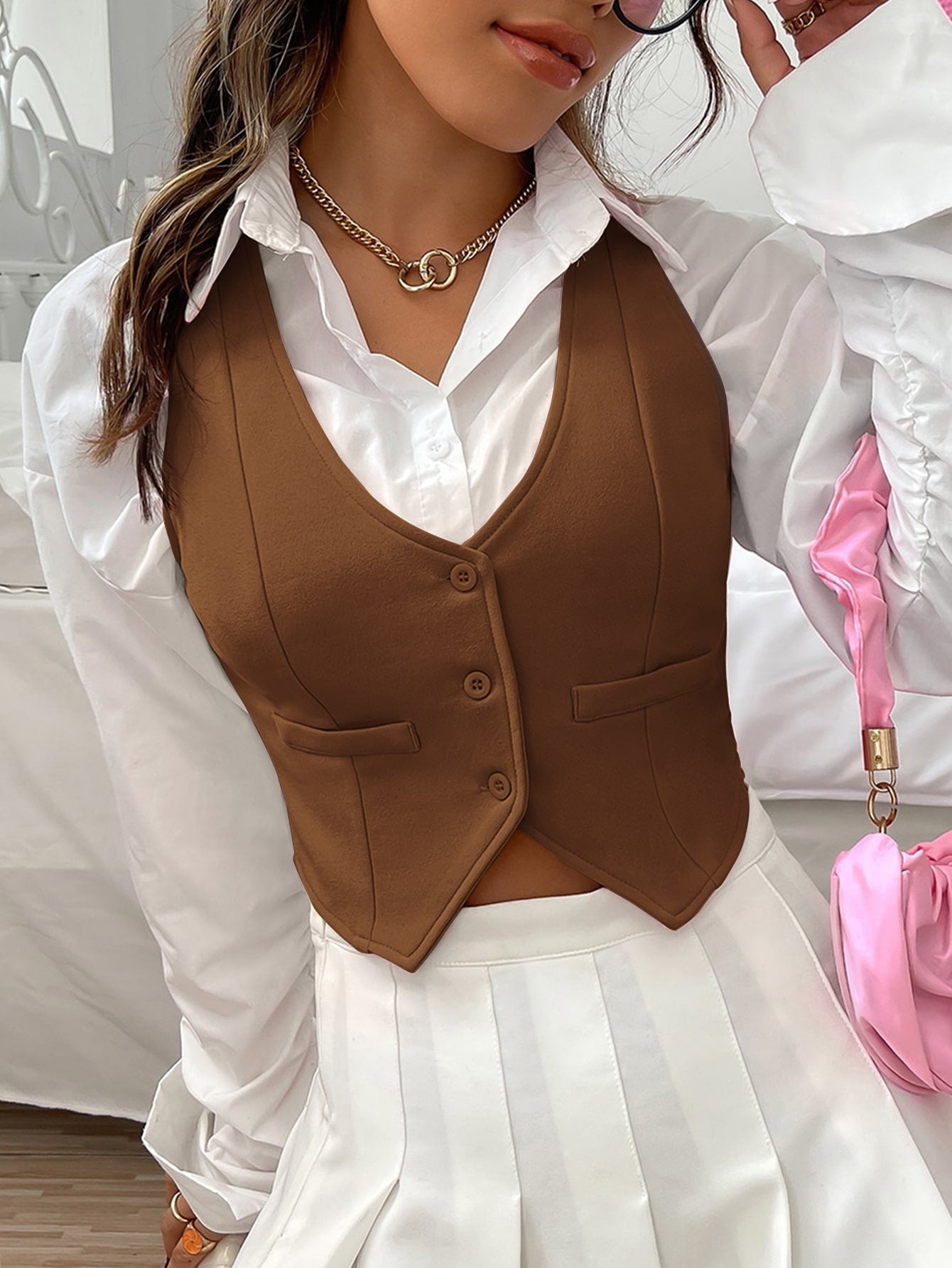 1pc Button Front Crop Waistcoat