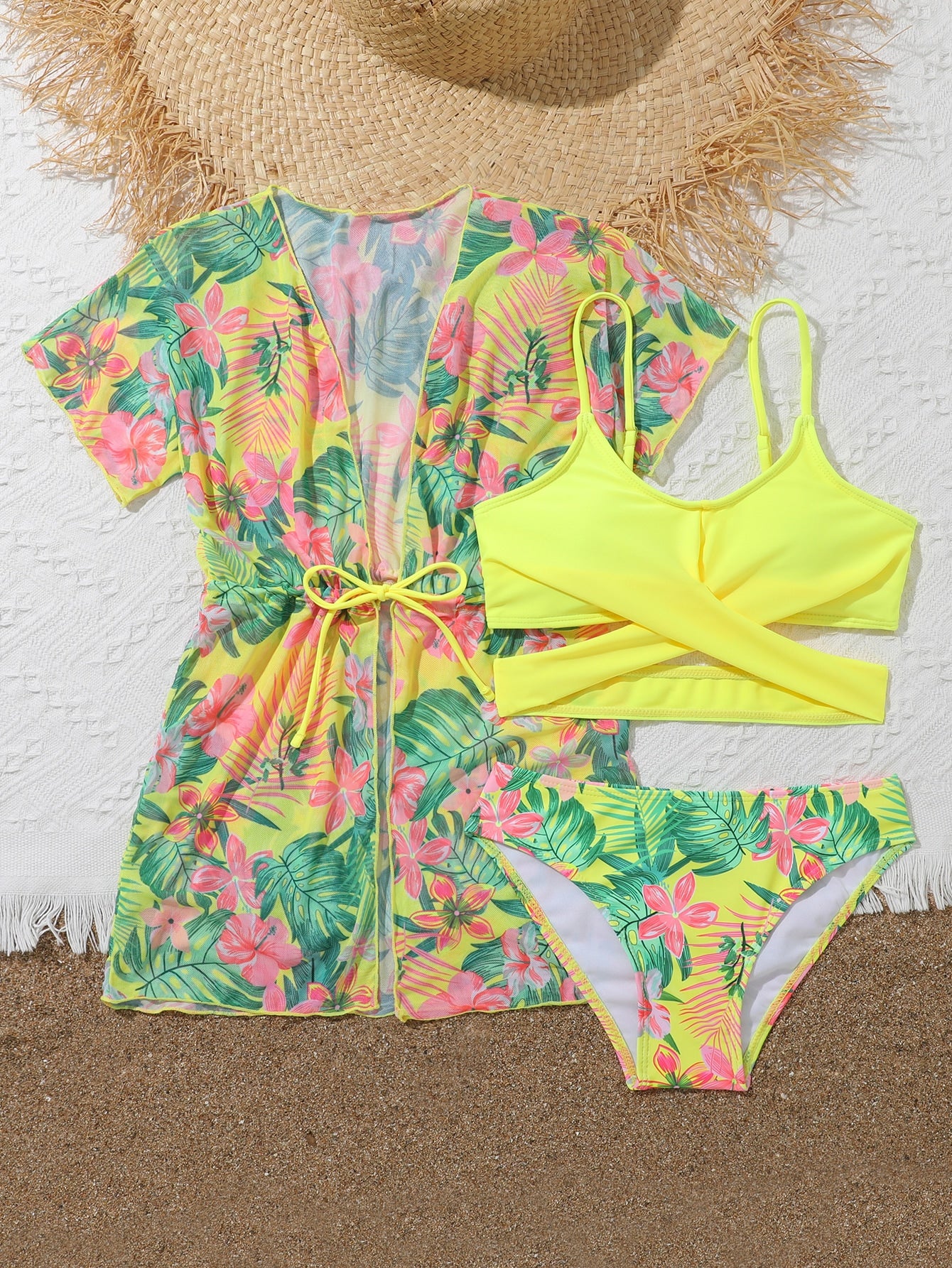 Tween Girl 3packs Tropical Print Crisscross Bikini Set & Drawstring Waist Kimono Summer Beach