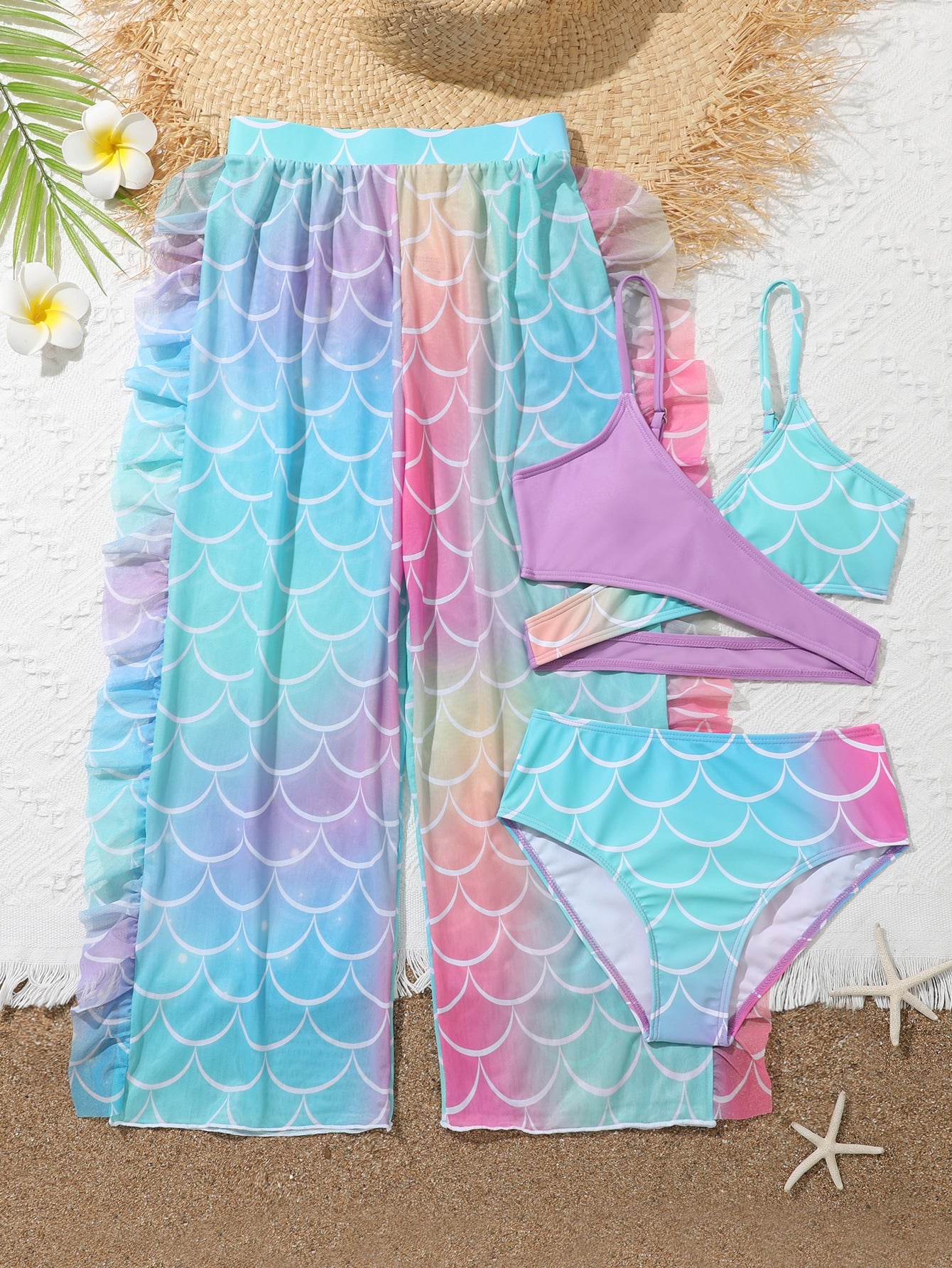 Tween Girl Fish Scales Print Bikini Set With Ruffle Trim Beach Pants Summer Beach