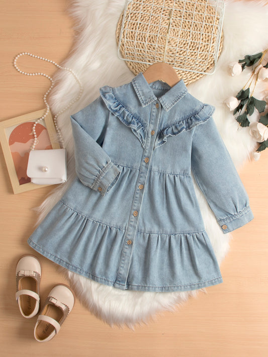 Young Girl Ruffle Trim Denim Shirt Dress