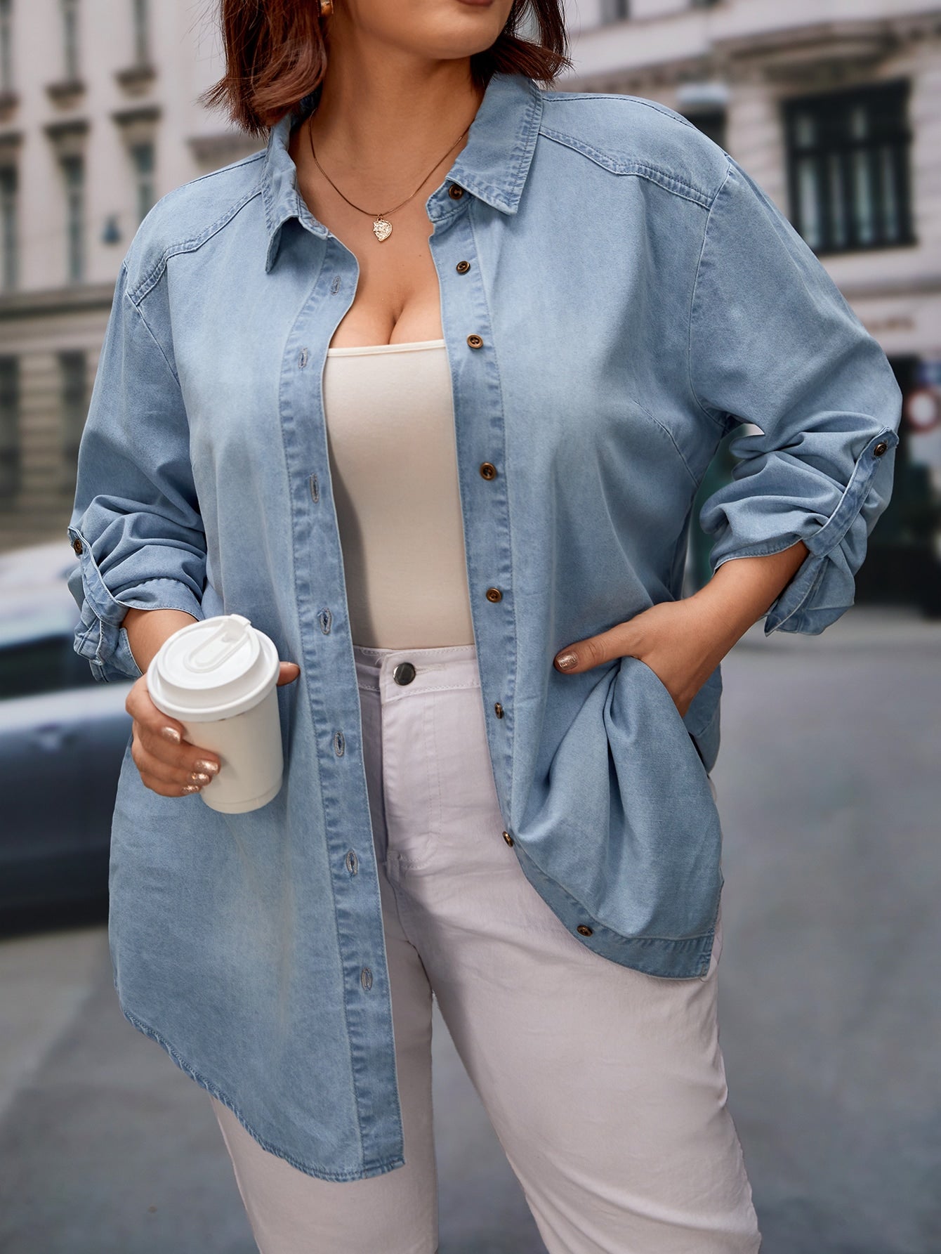 Plus Size Solid Color Denim Shirt With Front Buttons And Lapel Collar