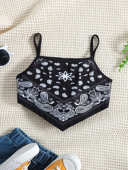 Young Girl Black Paisley Pattern Camisole Top With Spaghetti Straps