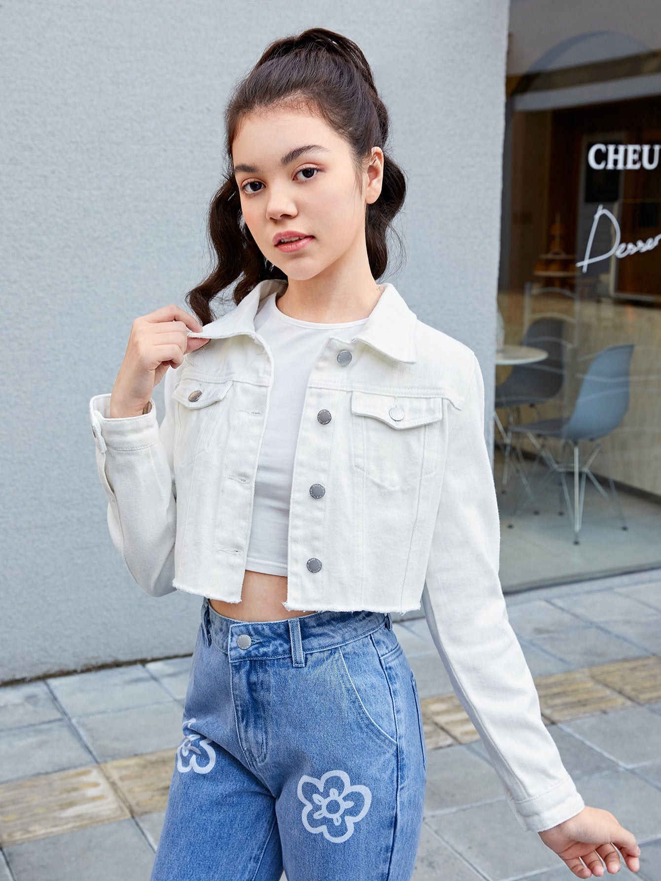 Teen Girls Flap Pocket Raw Edge Crop Denim Jacket