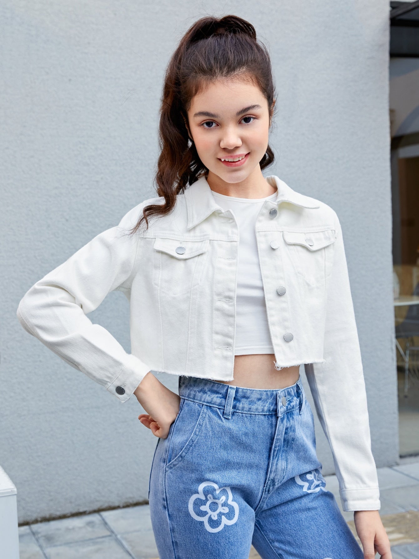 Teen Girls Flap Pocket Raw Edge Crop Denim Jacket