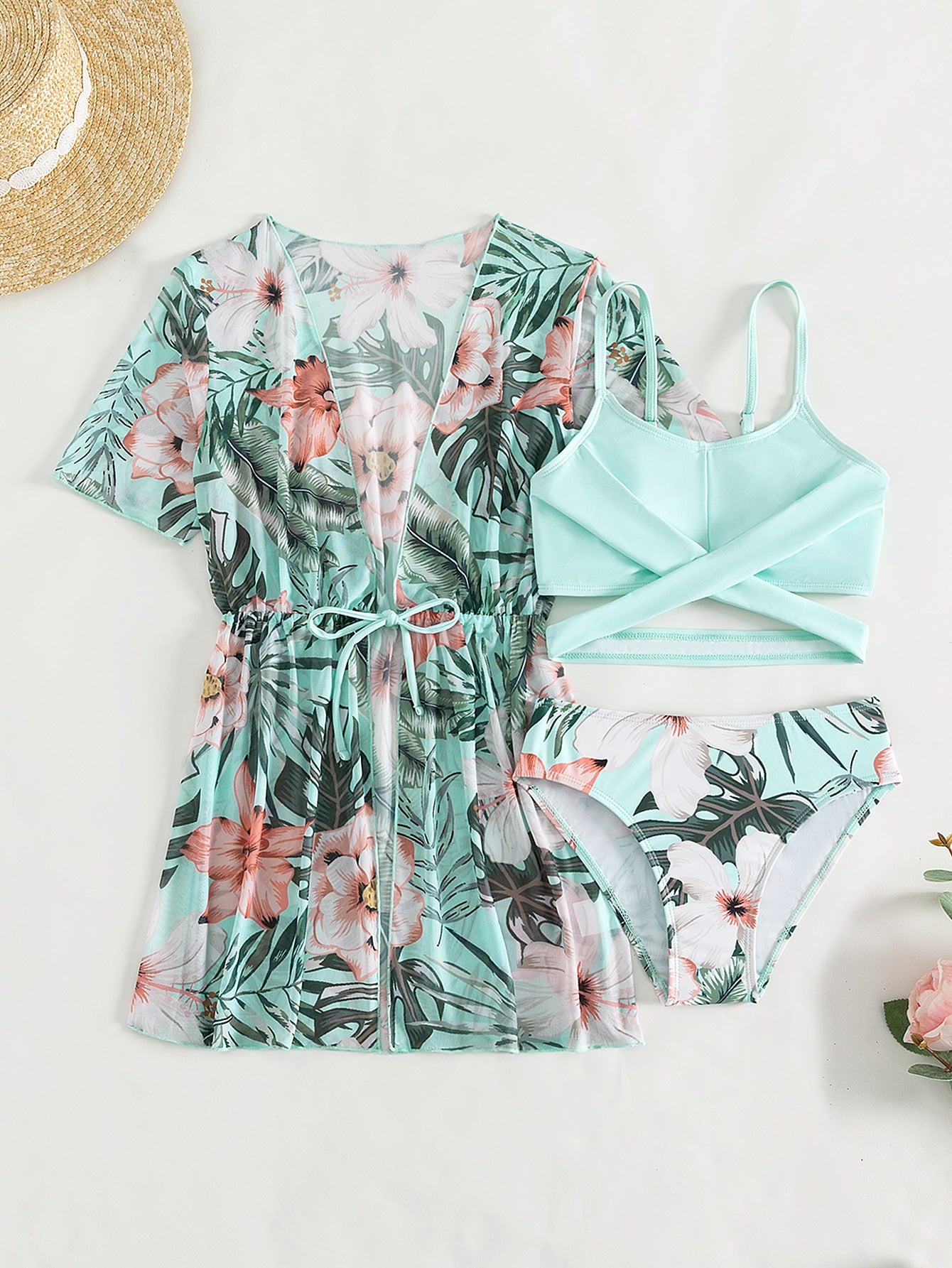 Tween Girl Tropical Print Crisscross Bikini Set With Kimono Summer Beach