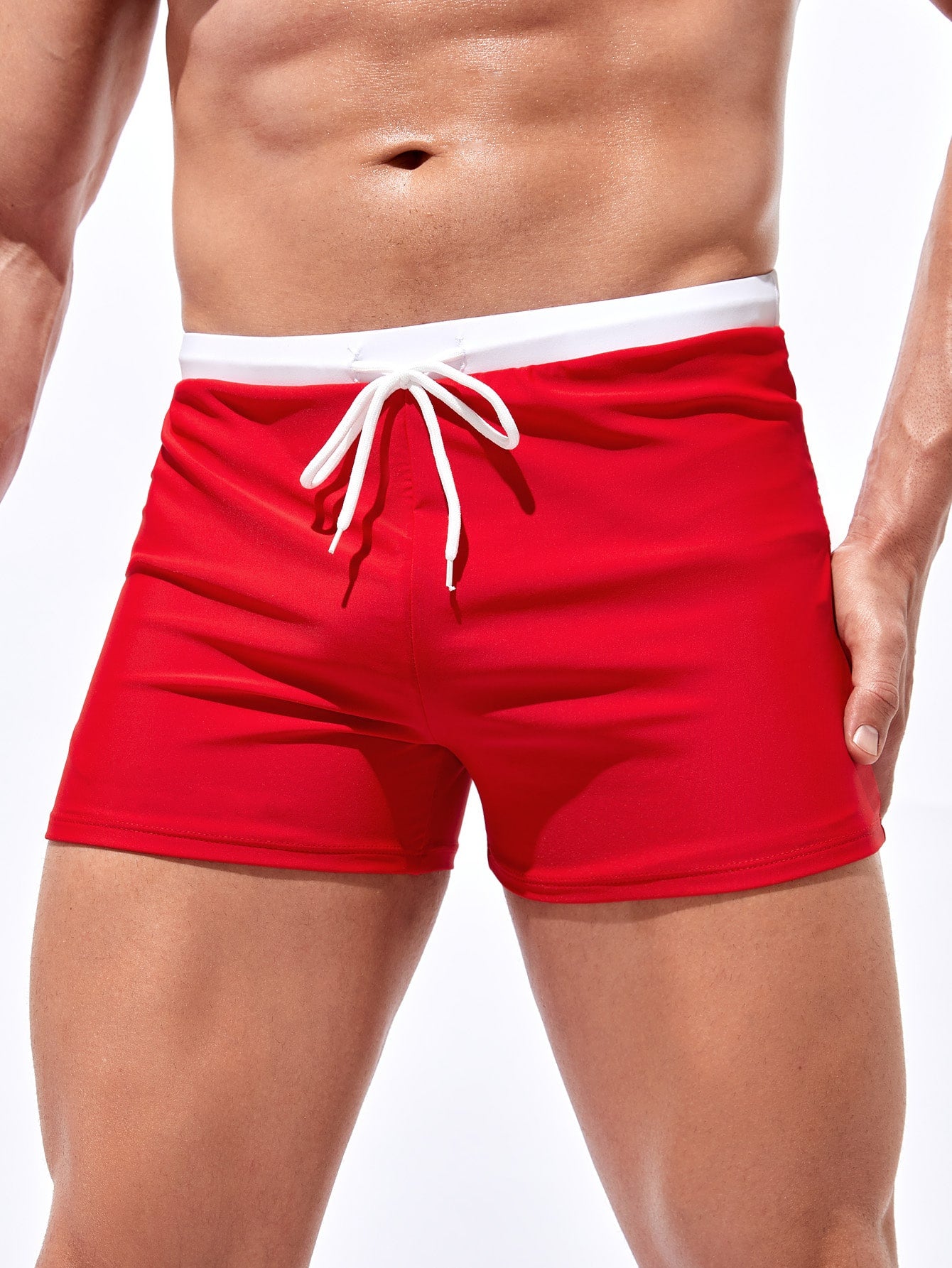 Men's Summer Beach Color Block Drawstring Waist Square Leg Swim Trunks