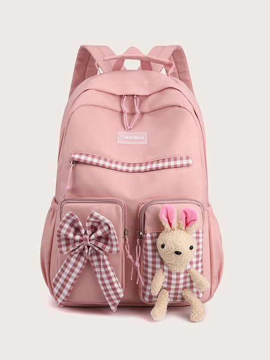 Girls Plaid Pattern Bow & Rabbit Decor Functional Backpack