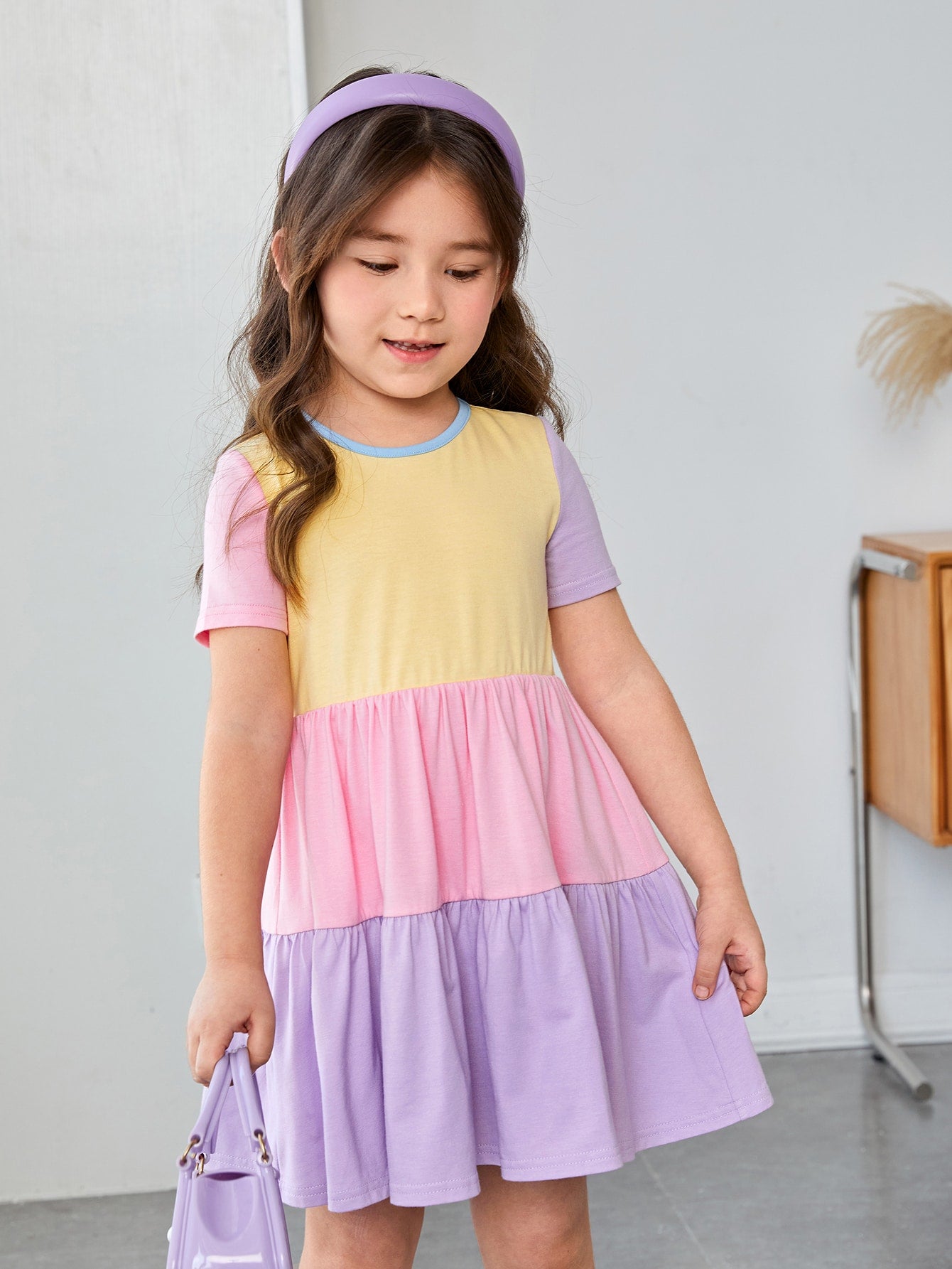 Young Girl's Cute And Comfortable Knitted Color-Block Short-Sleeve Round Neck Holiday Dress