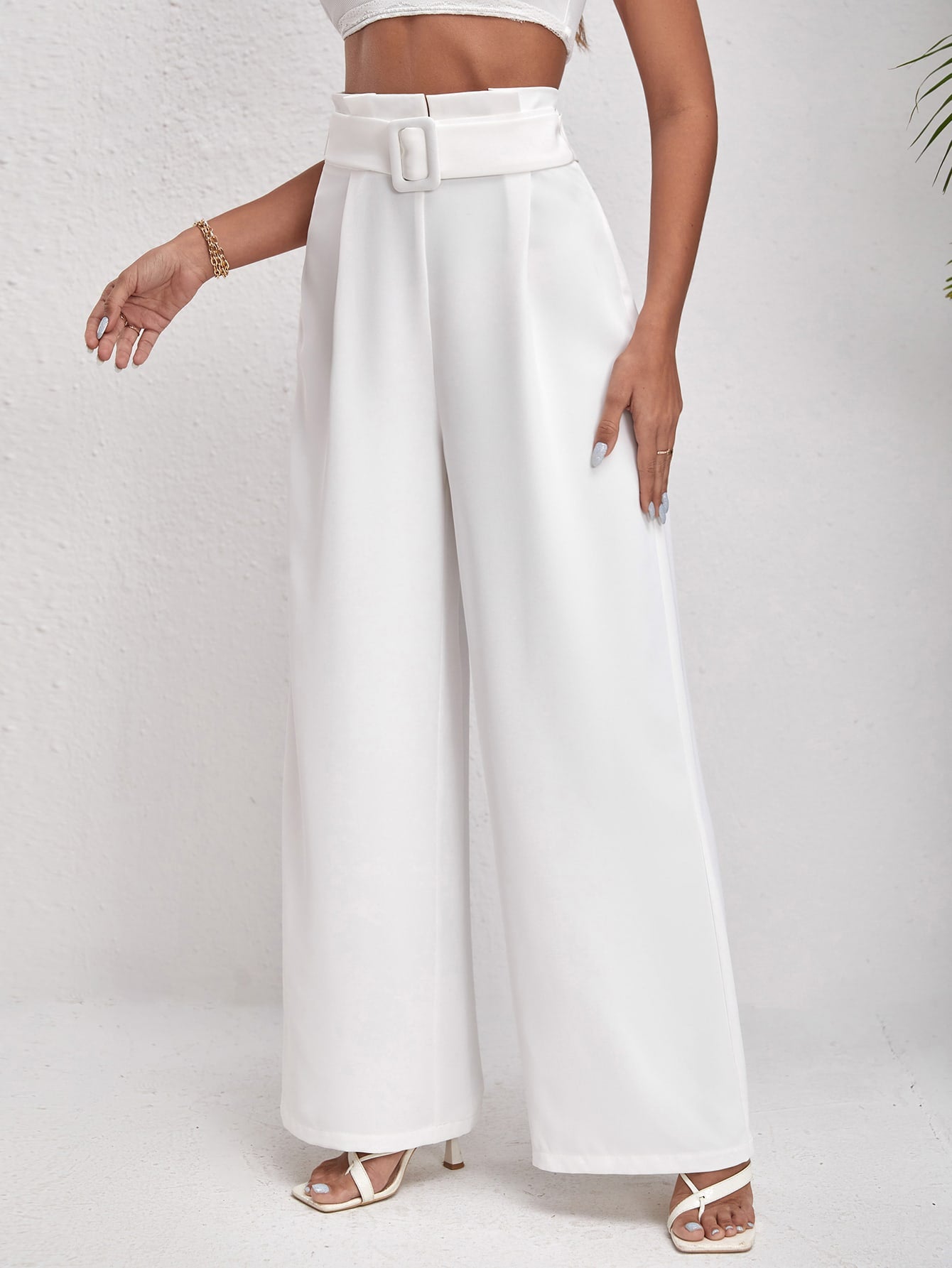 Women Commuting Solid High Waist Belted Wide Leg Pants