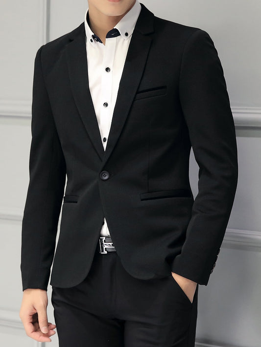 Men Solid Single Button Lapel Collar Blazer