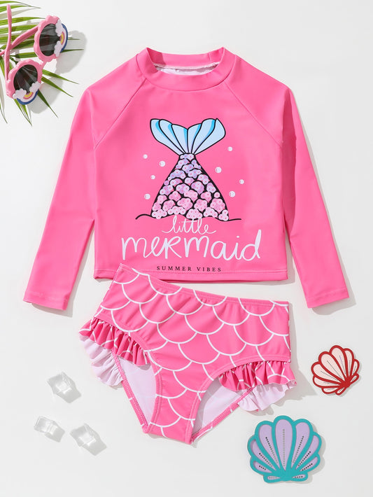 Young Girl Fish Scales & Letter Graphic High Neck Ruffle Trim Bikini Swimsuit