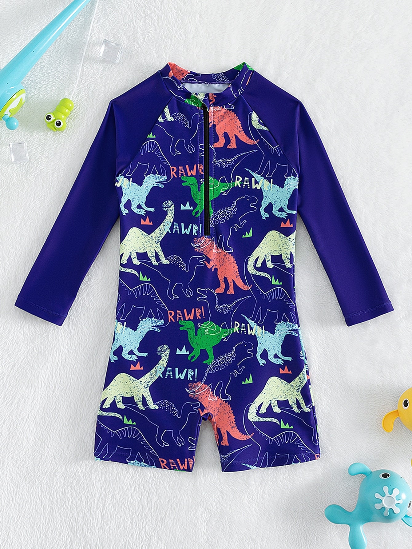 Young Boy Random Color Dinosaur Printed One-Piece Swimsuit