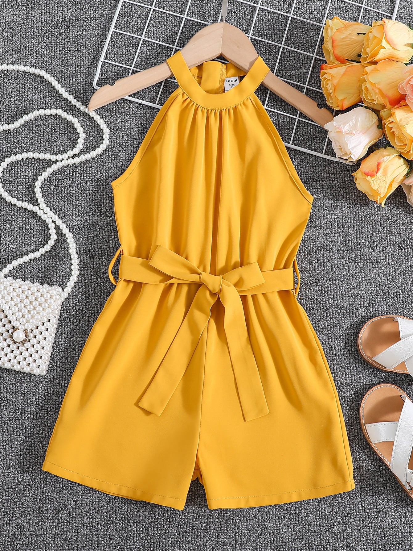 Young Girl Solid Color Belted Halterneck Romper