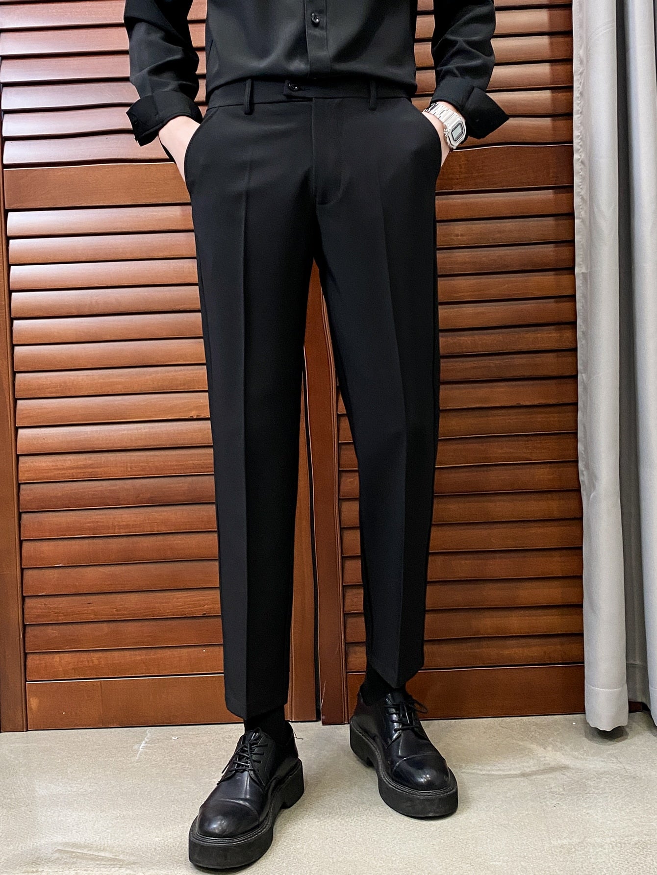 Men Slant Pocket Solid Suit Pants