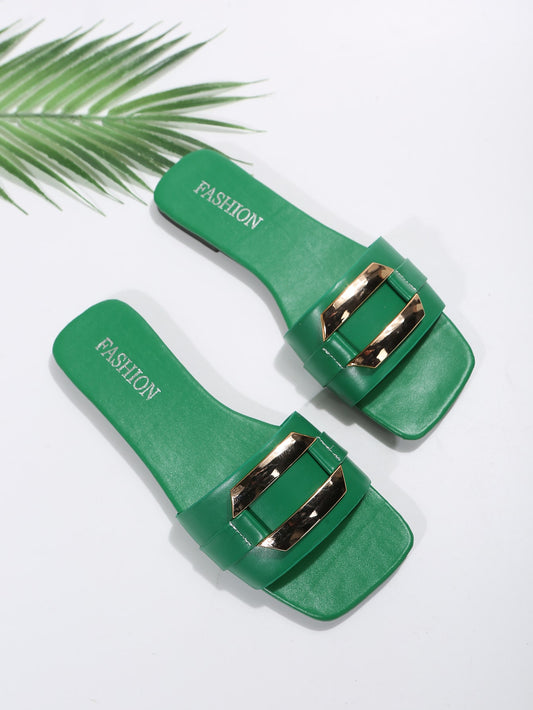 Fashion Green Slide Sandals For Women, Metal Decor Single Band Flat Sandals