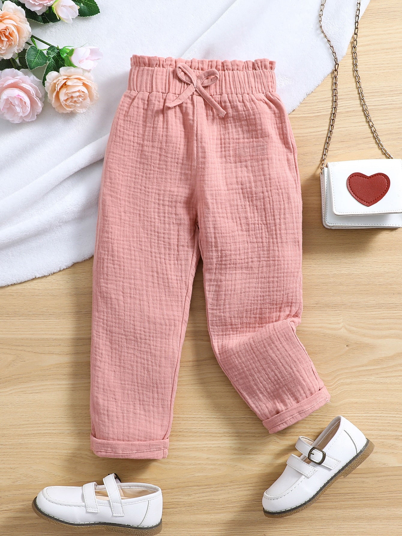 Young Girl Lotus Pink Solid Color Simple And Fashionable Loose Comfortable Casual Trousers For Summer Vacation