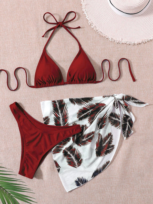 Swim Summer Beach Leaf Print Bikini Set Halter Triangle Bra & High Cut Bottom & Cover Up Skirt 3 Piece Bathing