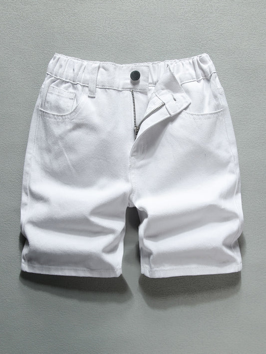 Tween Boy Comfortable And Versatile Loose Straight White Cotton Denim Shorts, Knee Length