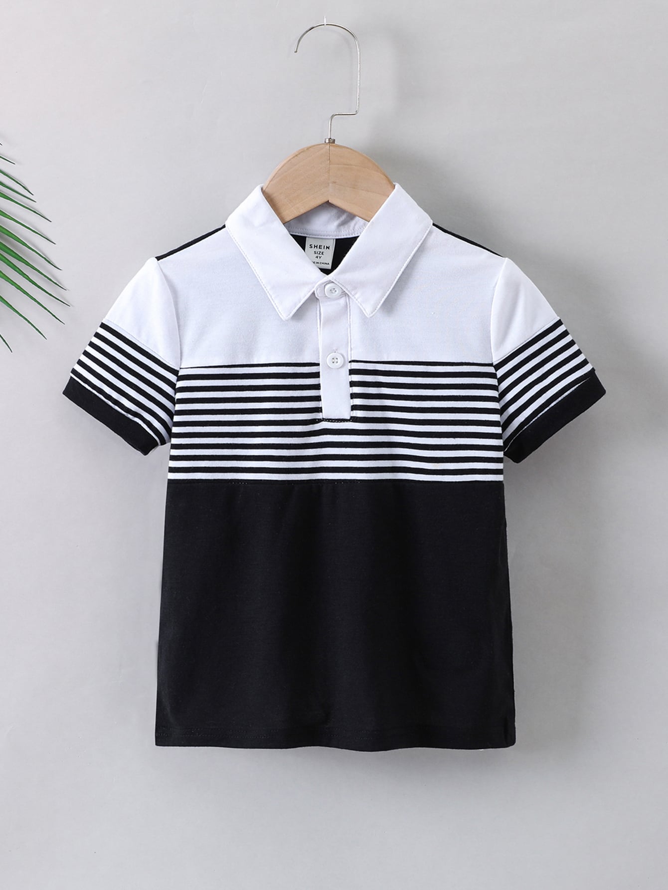 Young Boy Black And White Striped Casual Polo Shirt With Regular Sleeves And Collar, Perfect For Summer