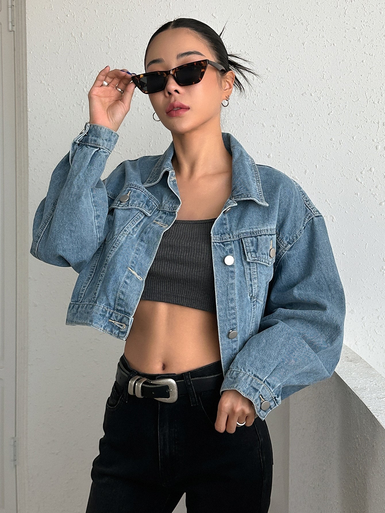 Drop Shoulder Crop Denim Jacket