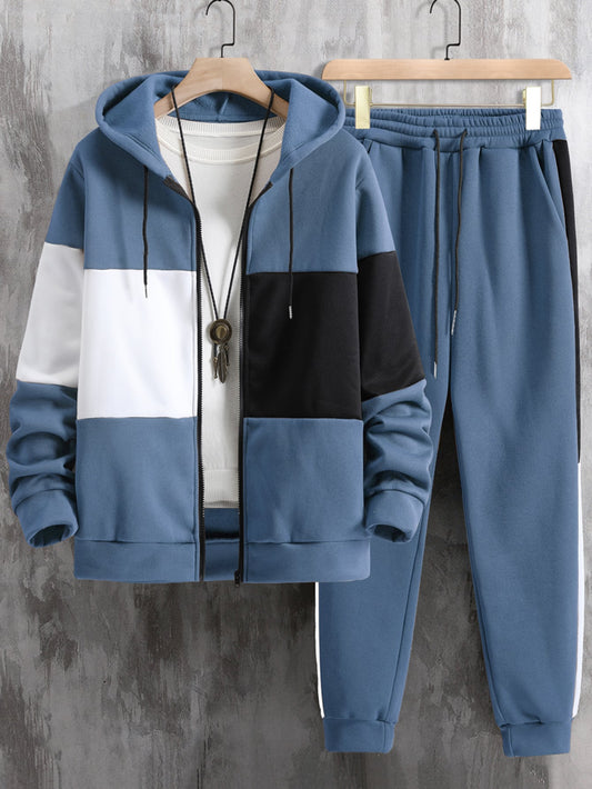 Men Colorblock Drawstring Thermal Hoodie & Sweatpants Without Tee