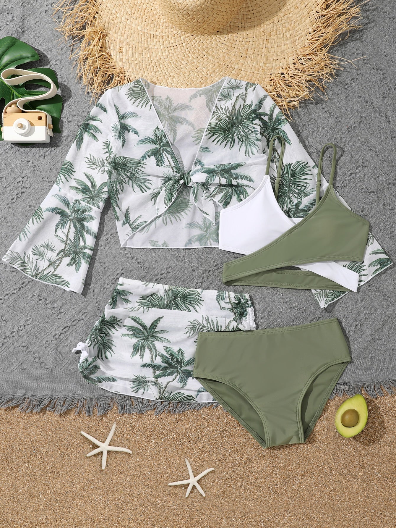 Tween Girl Colorblock Bikini Set With Coconut Tree Print Cover Up Set Summer Beach