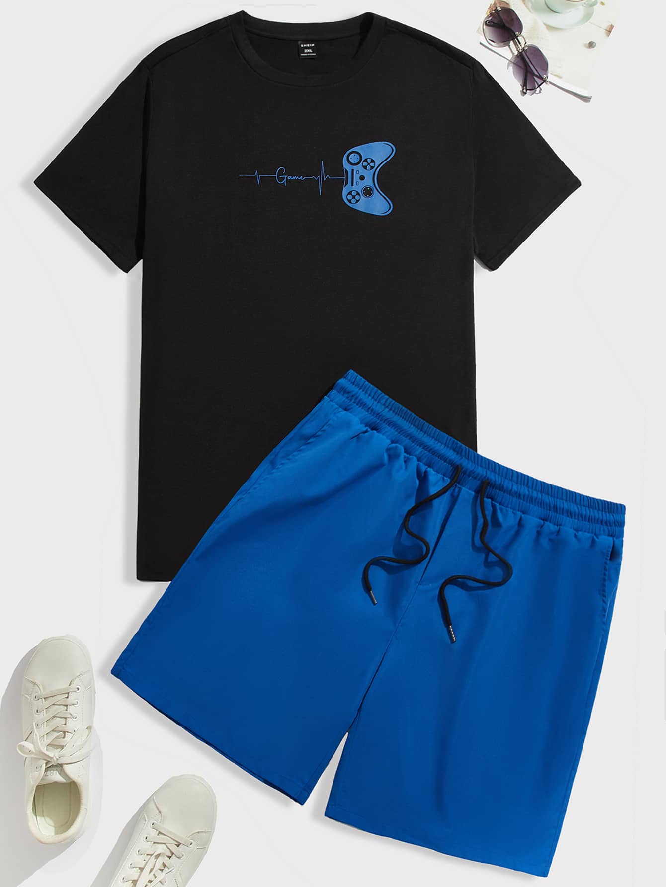 Men Plus Gamepad Print Tee & Drawstring Waist Shorts