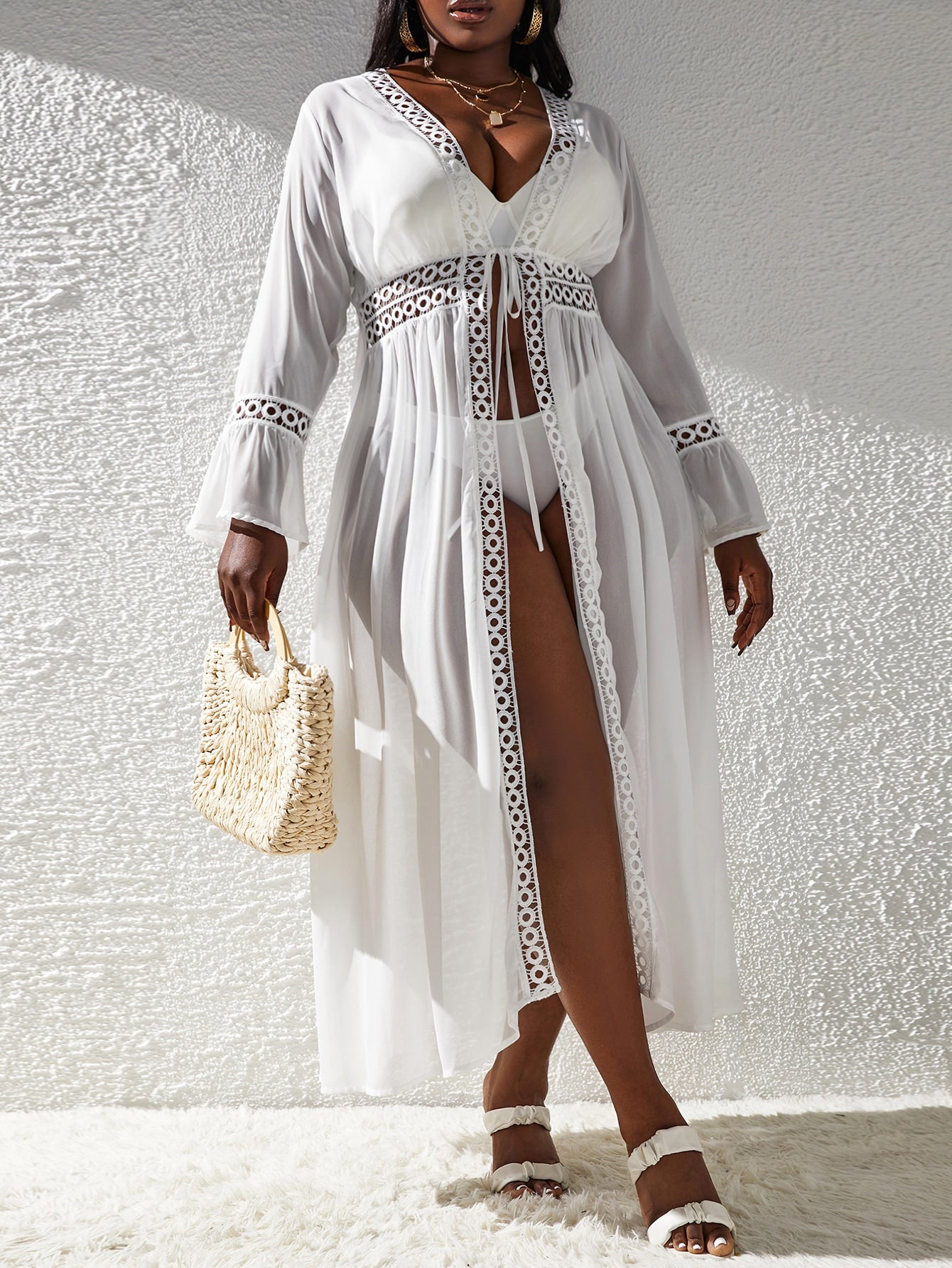 Swim Curve Plus Solid Contrast Lace Tie Front Kimono