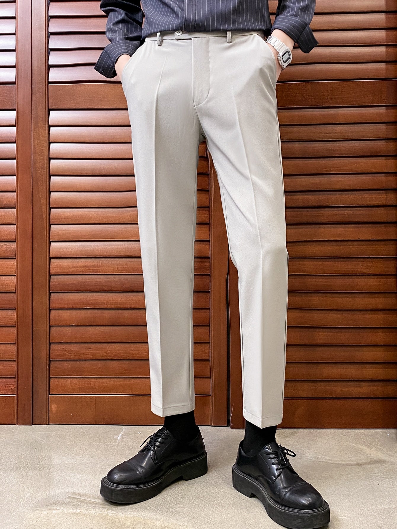 Men Slant Pocket Solid Suit Pants