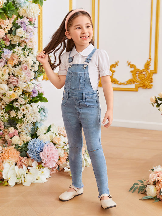 Young Girl Ripped Frayed Patched Pocket Denim Overall