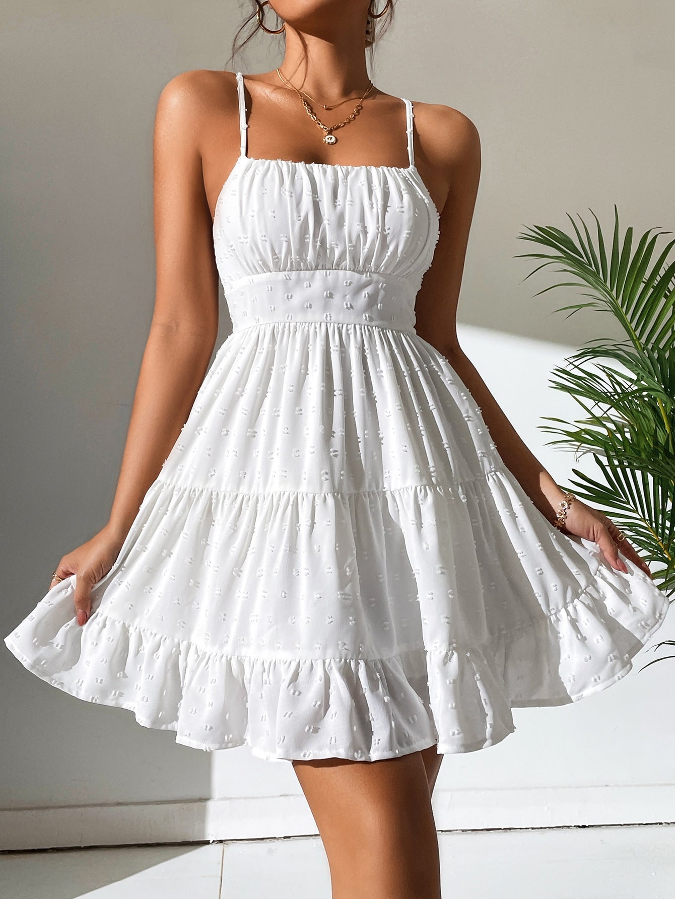 Swiss Dot Shirred Ruffle Hem Cami Dress