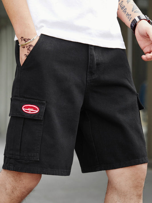 Loose Fit Men's Denim Shorts With Letter Patches And Flap Pockets Baggy Jorts Plain Black Going Out Fashion Rapper