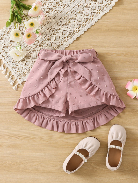 Young Girl Pastel Pink Solid Color Vacation Style Shorts With Ruffle Hem, Basic And Versatile For Summer