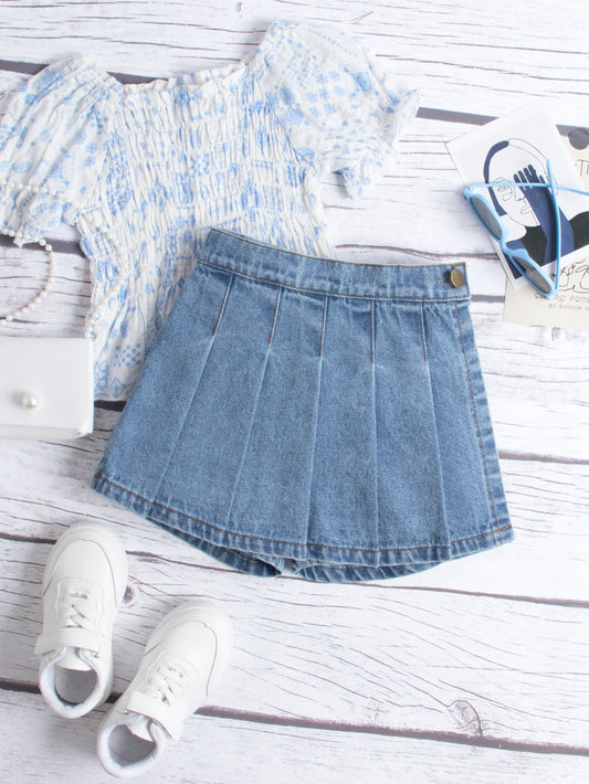 Fashionable Summer Style Young Girl Denim Pleated Skirt