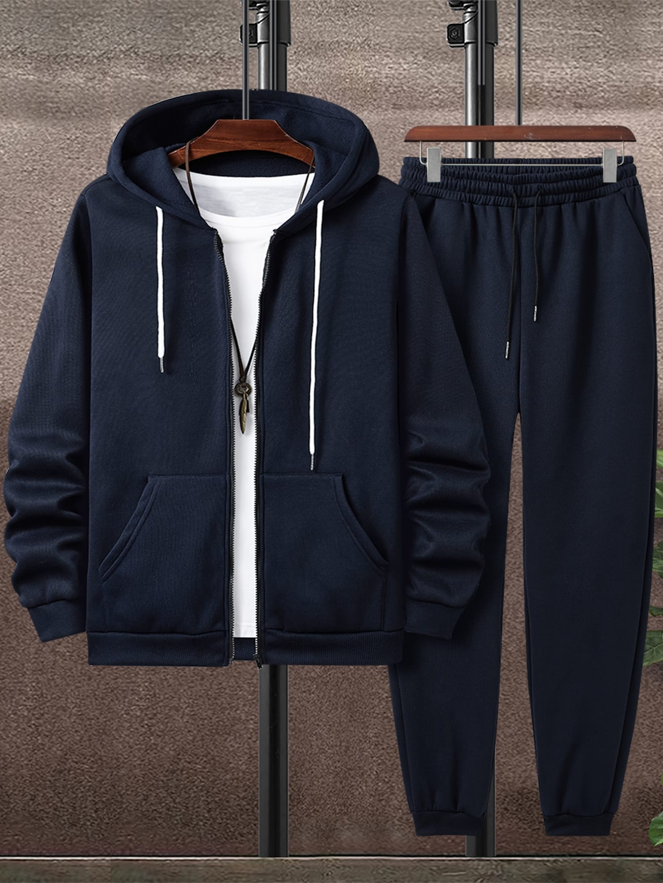 Men Zip Up Thermal Drawstring Hoodie & Sweatpants Without Tee