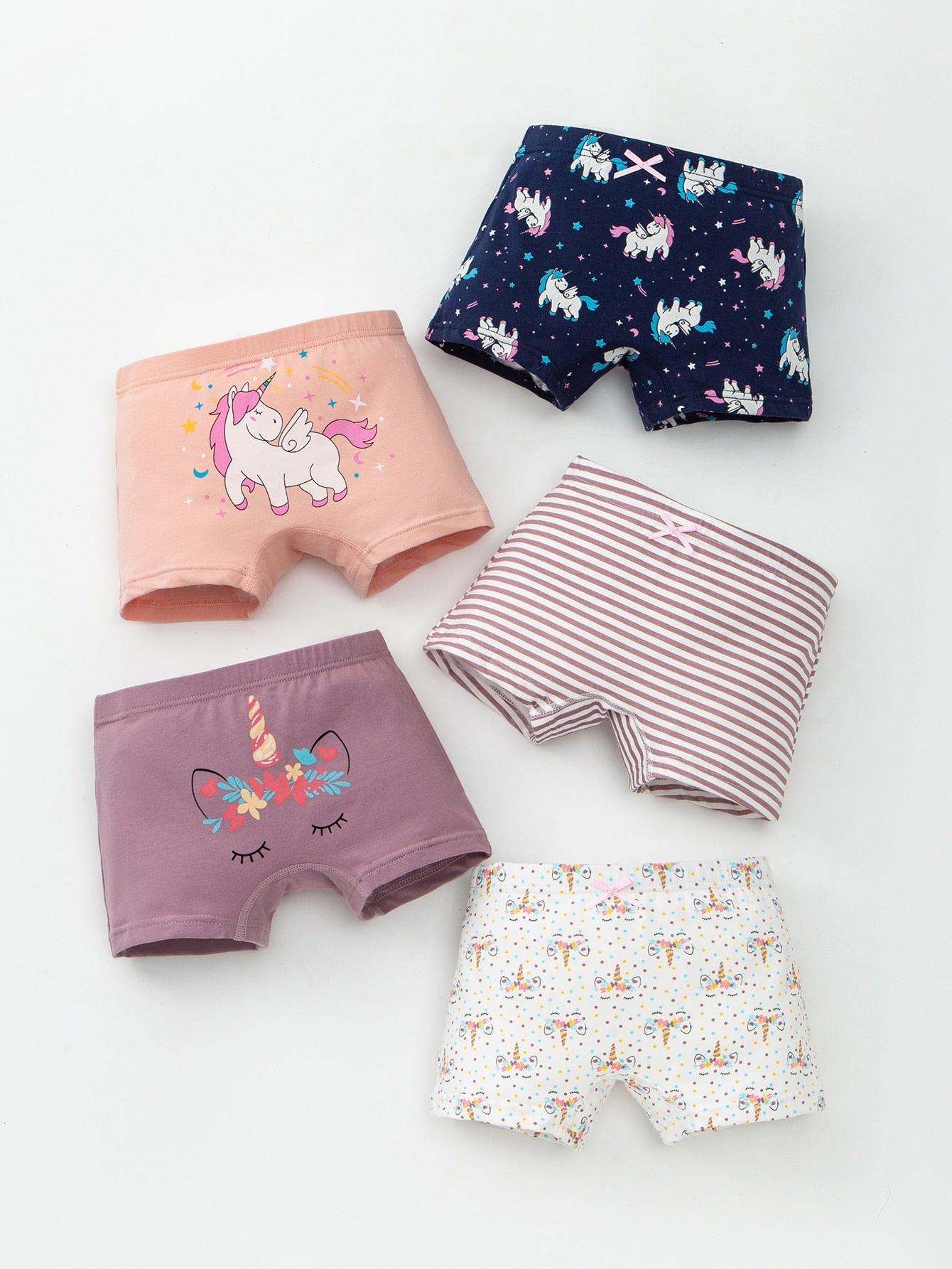 Young Girl 5pcs Unicorn & Striped Bow Front Shortie Brief