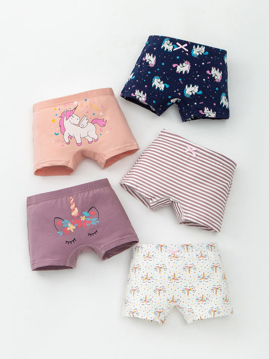 Young Girl 5pcs Unicorn & Striped Bow Front Shortie Brief